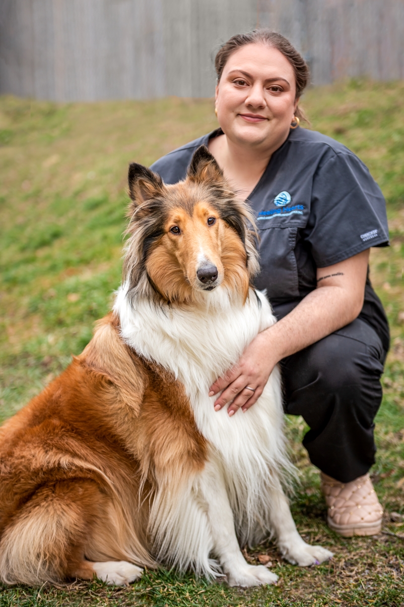 Gabby, the owner/founder/CEO of Healing Hearts, is a Registered Veterinary Technician and Companion Animal Physical Rehabiliationist professional, pictured with her pure bred rough collie Athena.